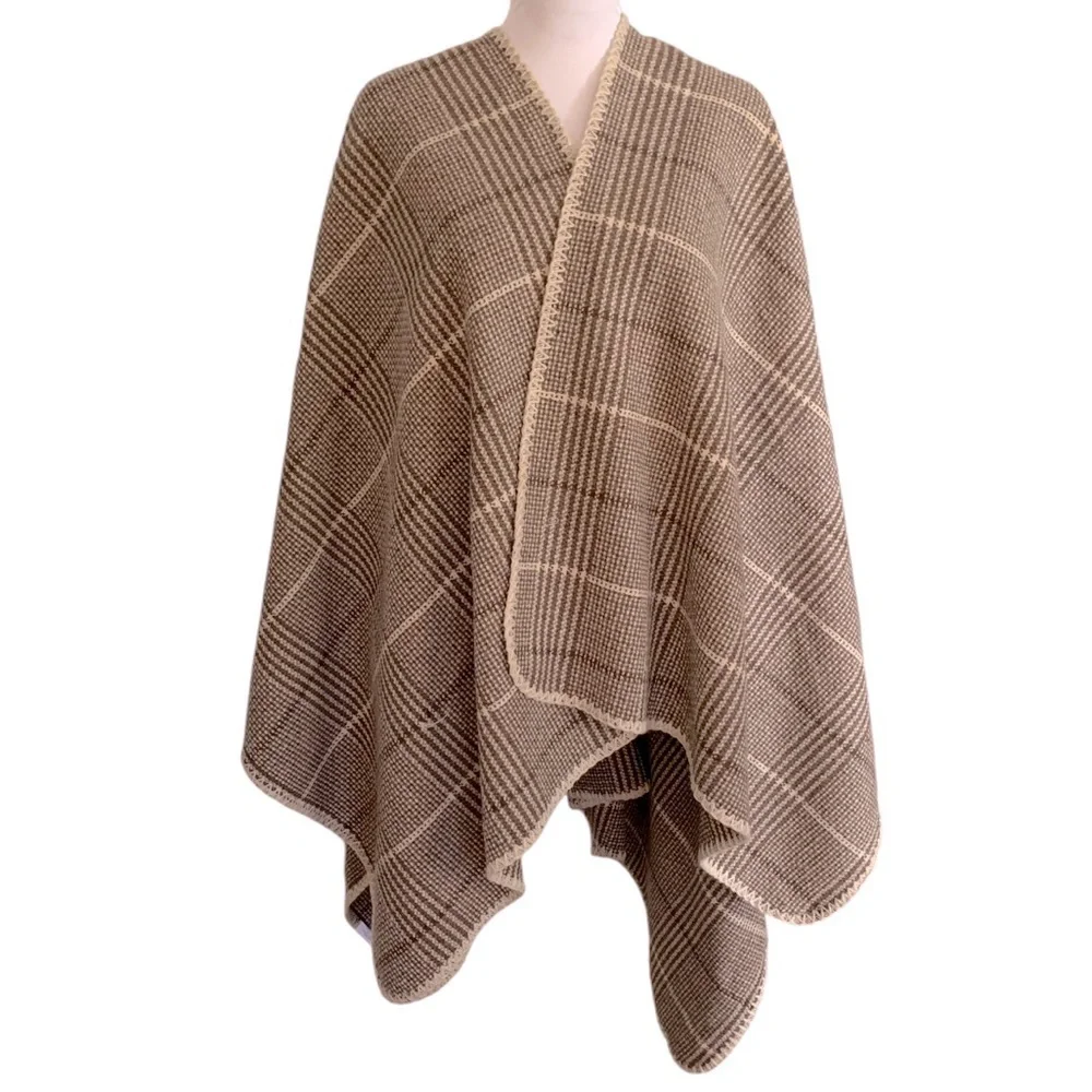 Chic Cozy Soft Neutral Brown Cream Shepard Plaid Cape Blanket Shawl OS